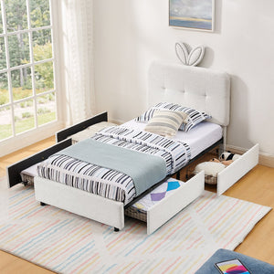 English Elm Twin Kids Boucle Upholstered Bed Rabbit Ear Headboard Led Lighting Four Storage Drawers Beige W1413P384921