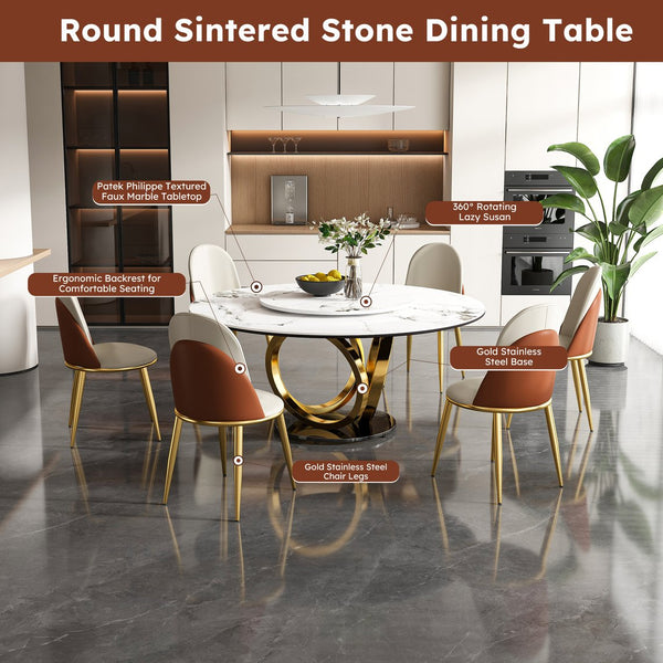 English Elm 59" Round Dining Table With 360° Lazy Susan - Heat & Scratch-Resistant Sintered Stone Top For 4 Chairs W2699S00027