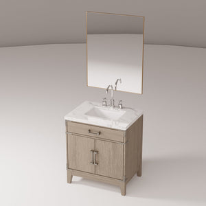 English Elm Grey Oak 30" Single Bath Vanity Set With Carrara Marble Top, 28" Mirror & Chrome Faucet Included B2731S02005