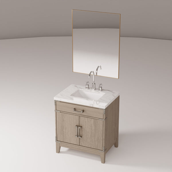 English Elm Grey Oak 30" Single Bath Vanity Set With Carrara Marble Top, 28" Mirror & Chrome Faucet Included B2731S02005
