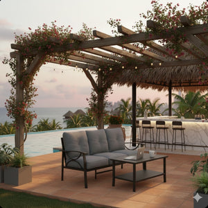 English Elm 2 Piece Outdoor Steel Sofa Set with Coffee Table Powder Coated for All Weather Patios Gray+ Khaki B082P455151