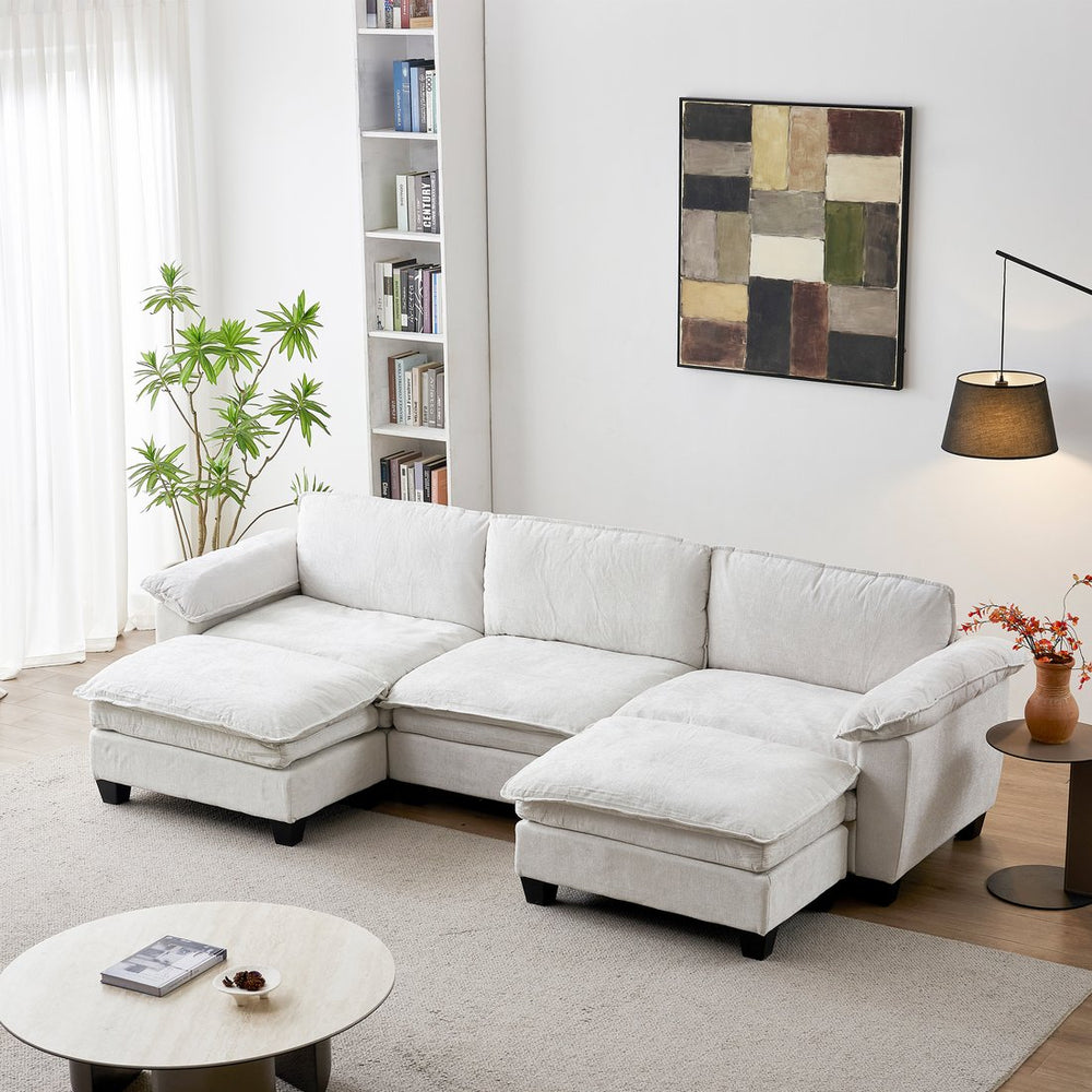 English Elm Living Room U-shaped Chenille Sectional Sofa with Two Ottomans Pocket Coil Comfort Beige W1097S00236