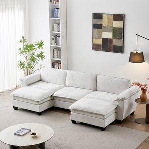 English Elm Living Room U-shaped Chenille Sectional Sofa with Two Ottomans Pocket Coil Comfort Beige W1097S00236