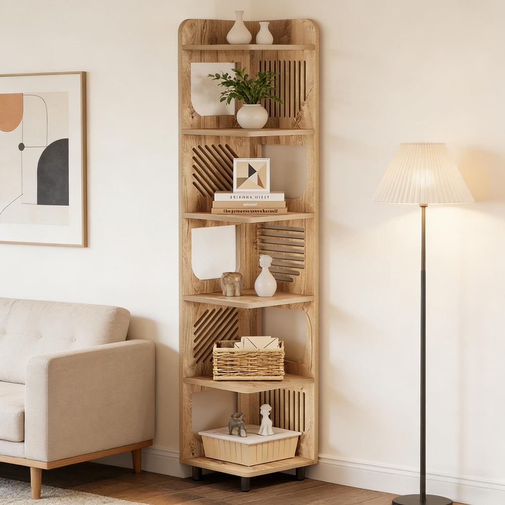 English Elm Stylish Five Tier Corner Bookshelf with Wood Grain Finish and Powder Coated Metal Legs T3971P488591