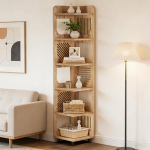 English Elm Stylish Five Tier Corner Bookshelf with Wood Grain Finish and Powder Coated Metal Legs T3971P488591
