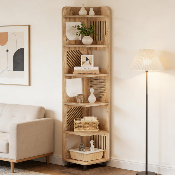 English Elm Stylish Five Tier Corner Bookshelf with Wood Grain Finish and Powder Coated Metal Legs T3971P488591