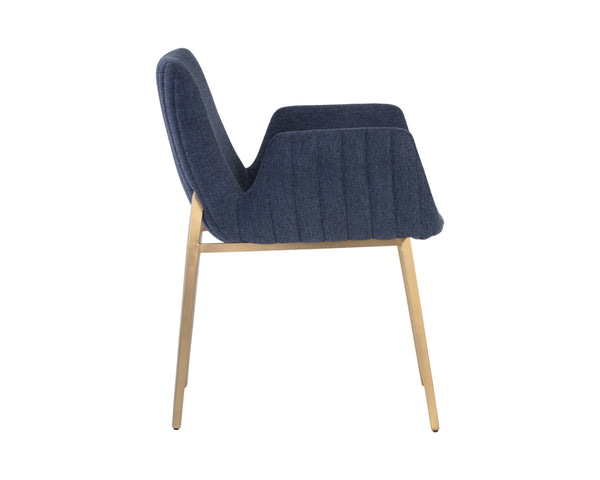 Sunpan Lucano Dining Armchair - Elegant Scooped Design with Vertical Channel Tufting and Gold Legs Belfast Navy