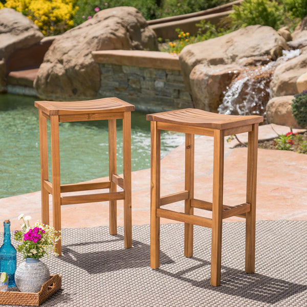 English Elm Christopher Knight Home® - CARIBBEAN Acacia Wood 30" Outdoor Barstool Set of 2 — Weather-Resistant Saddle Seats, Slat Design Natural 61426.00