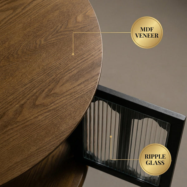 English Elm 31.5-inch Round Carved Wood Coffee Table Vintage Distressed Finish Living Room Accent W3935P406107