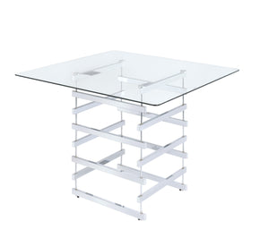 English Elm Nadie Modern Clear Glass Counter Height Table with Chrome Finish Base, Sleek 8mm Square Top B2726S00204
