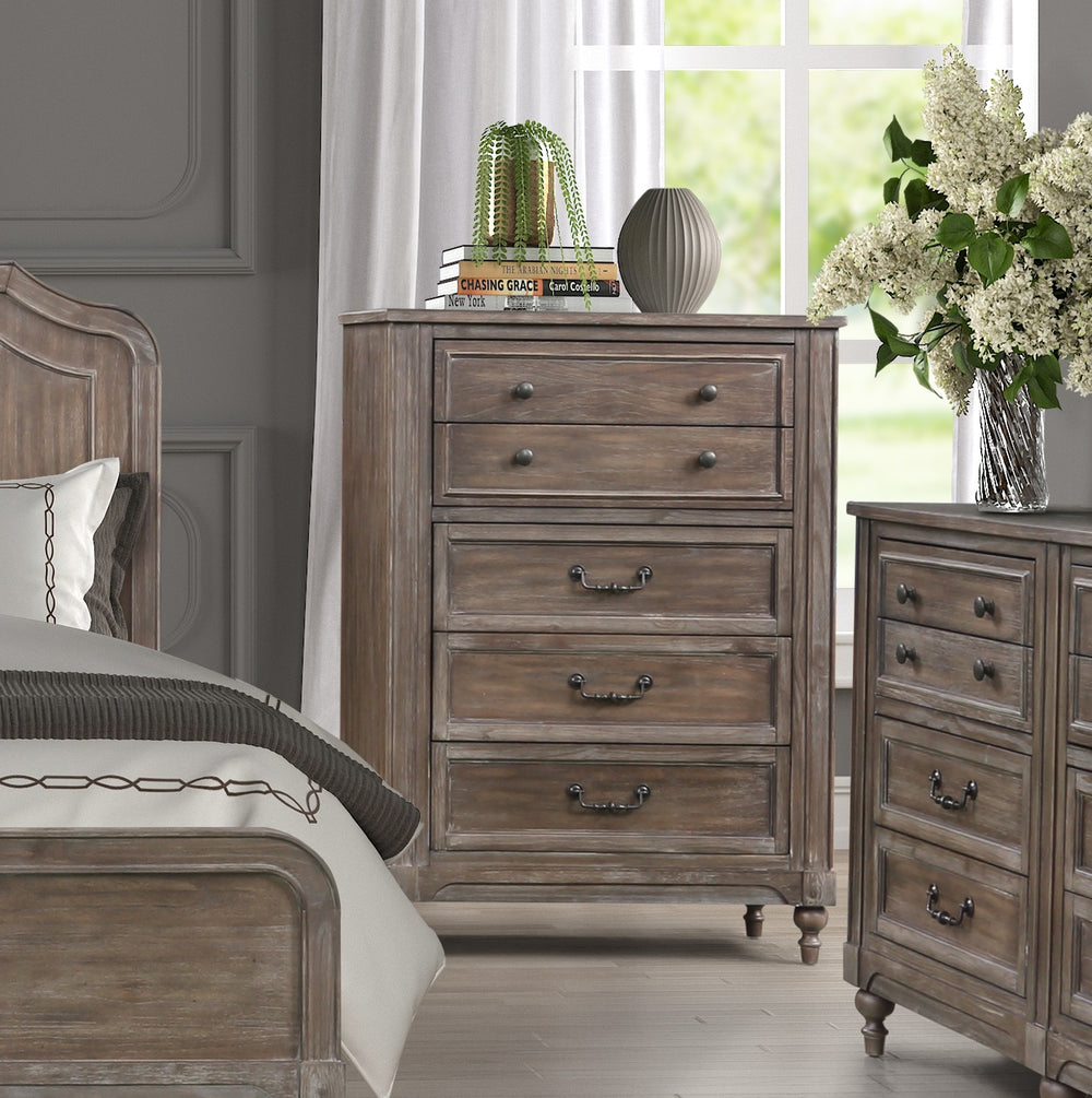English Elm Middleton Five Drawer Chest Poplar Wood Vintage Hazel Finish with Pewter Hardware B108P468546