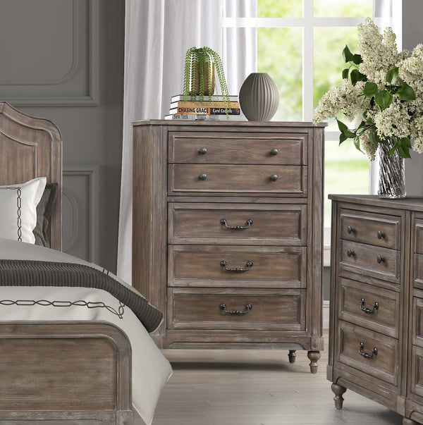 English Elm Middleton Five Drawer Chest Poplar Wood Vintage Hazel Finish with Pewter Hardware B108P468546