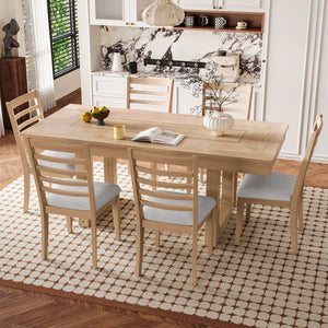 English Elm 7 Piece Farmhouse Dining Set Oak Veneer Extendable Table Six Upholstered Chairs Beige,Natural N752S000090N-1