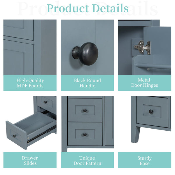 English Elm 30-Inch Contemporary Bathroom Vanity with Sink, MDF & Rubberwood, Glossy Finish, 3 Drawers + Cabinet Blue Gray N725P350819E