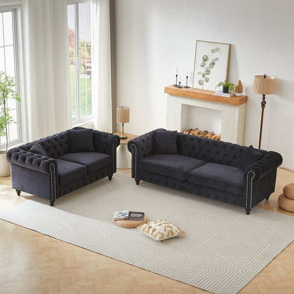 English Elm Fx Chesterfield Sofa Set Tufted Tech Fabric Upholstered Living Room Seating Combo Black W1926S00122