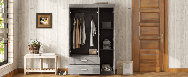 English Elm 3-door Wardrobe with Full Length Mirror Lockable Drawer and Bedroom Shelf Storage Gray LP006601AAE