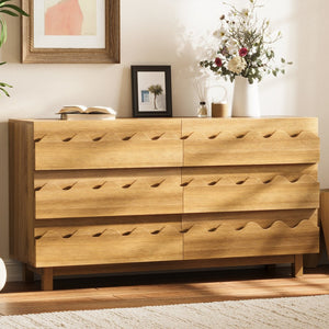 English Elm 60" Wave Front Six Drawer Dresser Sculptural Engineered Wood Media Console for Bedroom Oak N739S0000011N