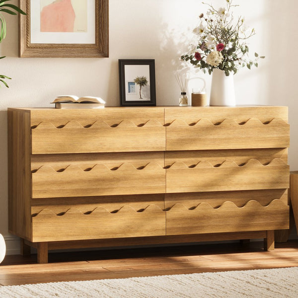English Elm 60" Wave Front Six Drawer Dresser Sculptural Engineered Wood Media Console for Bedroom Oak N739S0000011N