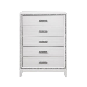 English Elm ALMERA Glam Transitional 5-Drawer Chest with Glitter Finish, Solid Wood & MDF Construction, Elegant Storage White 37.64 L x 18.58 W x 48.35 H B201P226183