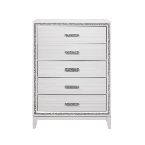 English Elm ALMERA Glam Transitional 5-Drawer Chest with Glitter Finish, Solid Wood & MDF Construction, Elegant Storage White 37.64 L x 18.58 W x 48.35 H B201P226183