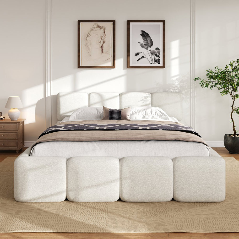 English Elm Queen Boucle Upholstered Platform Bed Low Profile Block Silhouette for Modern Bedroom N757P385459W