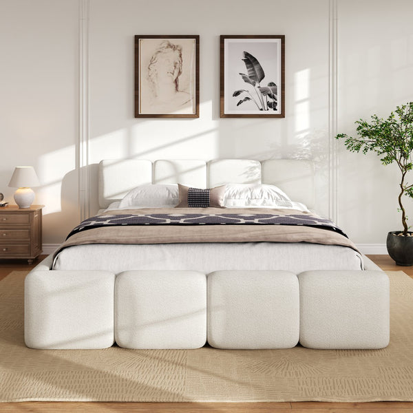 English Elm Queen Boucle Upholstered Platform Bed Low Profile Block Silhouette for Modern Bedroom N757P385459W