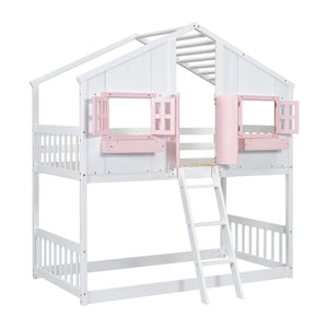 English Elm Twin House Bunk Bed with Roof, Window Box, Door, Guardrails & Ladder—Sturdy Pine Playful Design for Kids Pink+White W504S00151