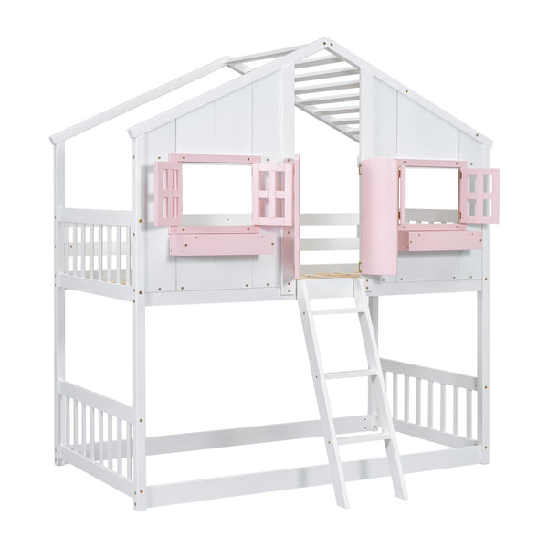 English Elm Twin House Bunk Bed with Roof, Window Box, Door, Guardrails & Ladder—Sturdy Pine Playful Design for Kids Pink+White W504S00151