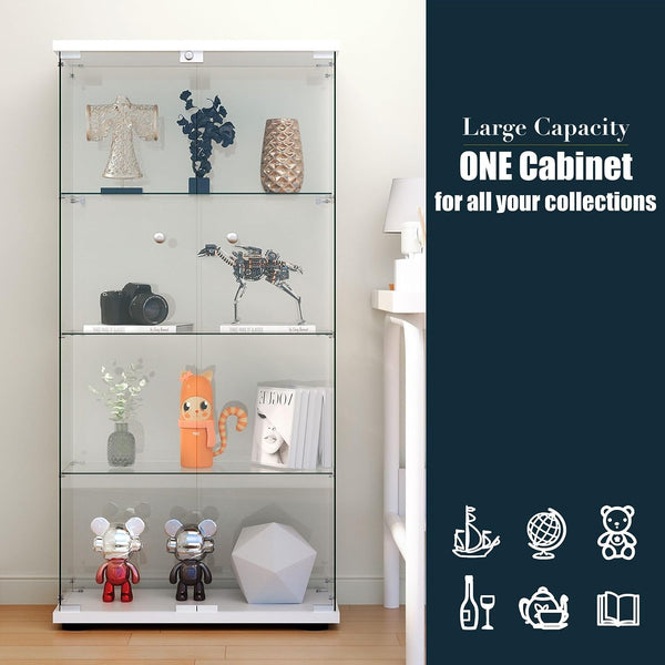 English Elm Glass Display Cabinet Four Shelf Lockable Tempered Bookshelf with Led Lighting White W1192P354028