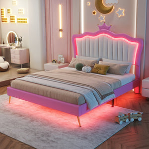 English Elm Full Size Upholstered Princess Bed Frame With Led Lights, Crown Headboard In Pink & White Design W2770P190360