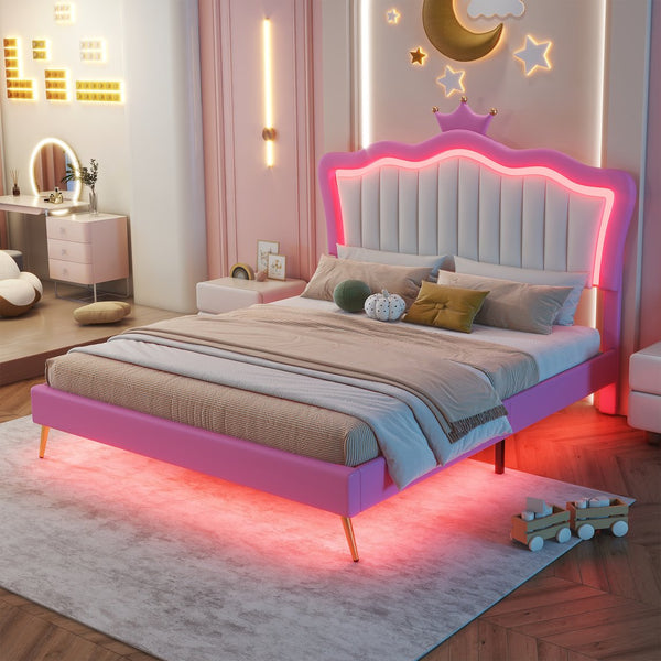 English Elm Full Size Upholstered Princess Bed Frame With Led Lights, Crown Headboard In Pink & White Design W2770P190360