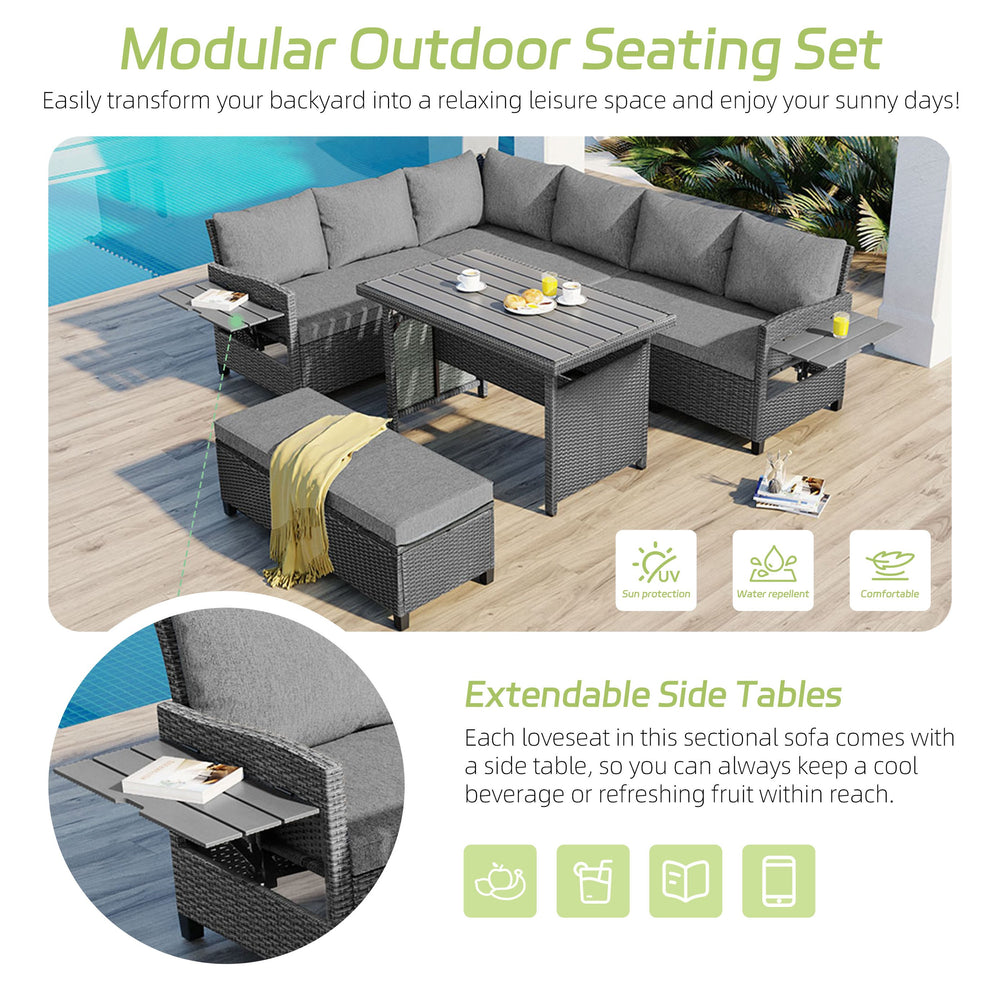 English Elm Tomax 5 Piece Pe Wicker Sectional Patio Set Seats Seven with Dining Table Included N717S110006E