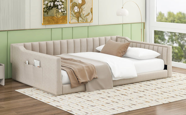 English Elm Full XL Upholstered Daybed with Velvet Channel Tufting, Tapered Dowel Legs & Side Storage Pocket Beige DL002211AAA