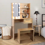 English Elm Vanity Desk Set Stool & Dressing Table With Led Lighting Mirror Drawer and Compartments Modern Wood Cosmetic Table Chest Of Drawers Nature Color