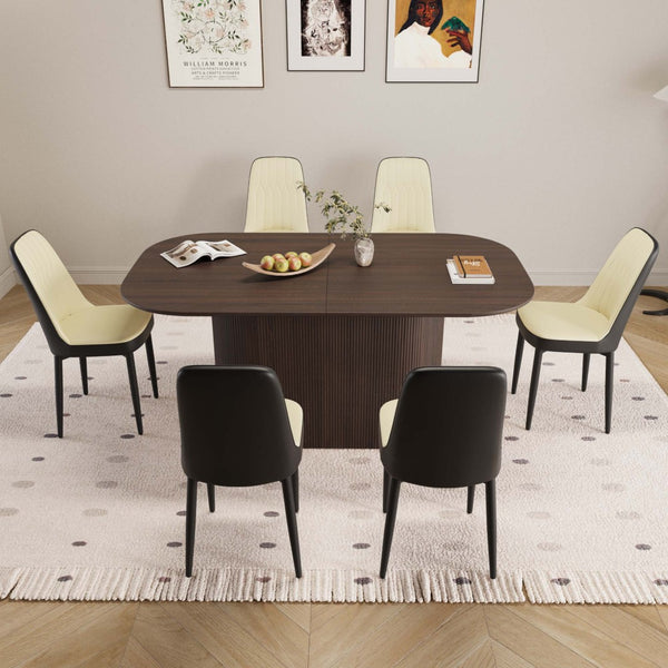 English Elm 63 Inch Mdf Dining Table Set with Six Pu Upholstered Chairs and Black Metal Legs Beige+Brown,Black W2189S00865