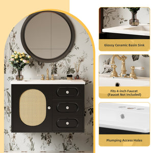English Elm 30" Mid-Century Bathroom Vanity with Ceramic Sink, Rattan Accent, 2 Soft-Close Drawers, Large Storage Space N710P265954B