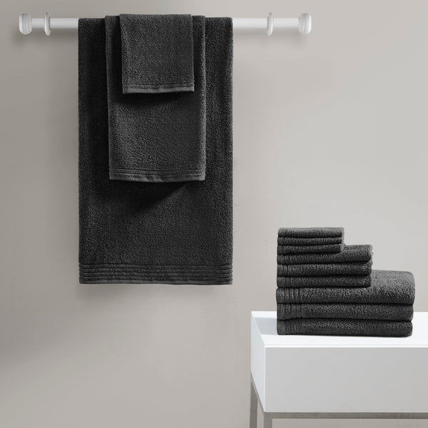JLA Home 510 Design - 100% Cotton zero-twist 12-piece towel set — quick-dry, ultra-absorbent bath, hand & washcloths, OEKO-TEX certified Black 5DS73-0289