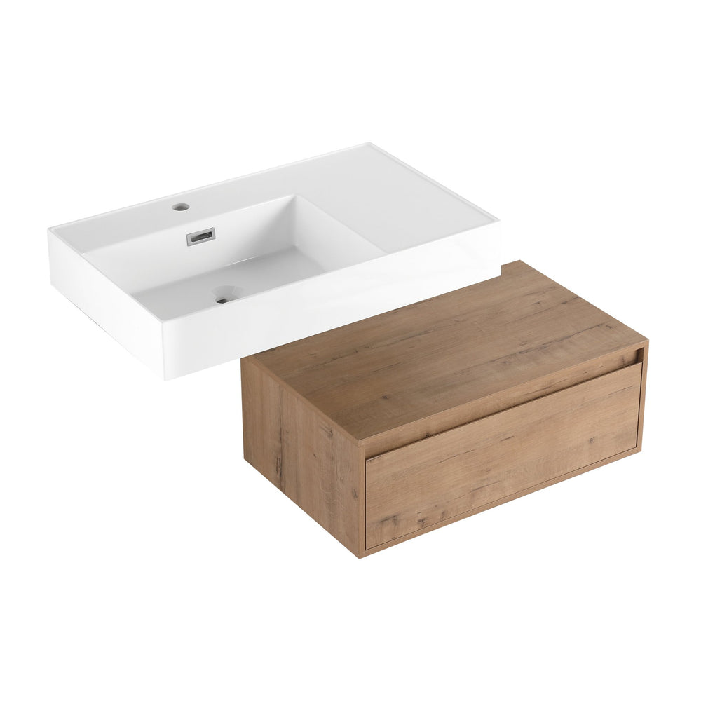English Elm 30 Inch Wall-Mounted Bathroom Vanity With Resin Sink, Soft Close Drawer & Modern Oak Finish W999S00257