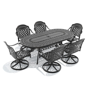 English Elm 7-piece Cast Aluminum Outdoor Dining Set with Ornate Oval Table and Six Swivel Chairs W1710S00323