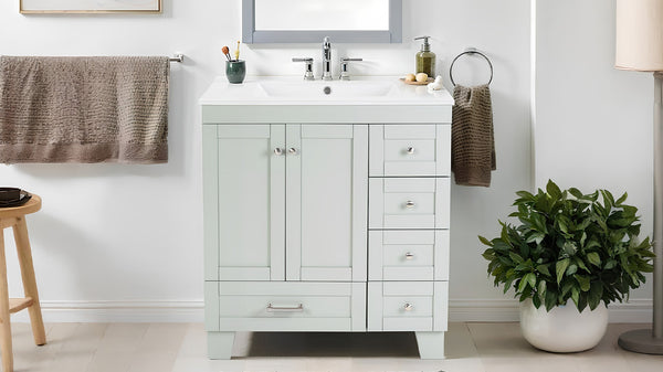 English Elm 30" Vanity with Ceramic Sink and Solid Wood Frame, Soft-Close Drawers, Compact Coastal Style, Durable Construction Blue+Grey W2896P344074