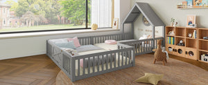 English Elm Full House Floor Bed with Door and Guardrails for Kids, Solid Wood Double Full, Safe Play Nook Grey W1580P354640