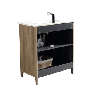 English Elm 30 Inch Floating Bathroom Vanity Fluted Wood Grain Front with Ceramic Integrated Sink Antique Grey W3520S00032
