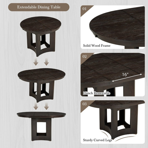 English Elm Topmax Farmhouse Round Pedestal Dining Table Extendable Leaf Rubberwood Compact Space Espresso N717P336673P