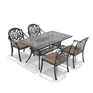 English Elm 5-piece Cast Aluminum Outdoor Dining Set Old World Ornate Patio Furniture Brown Cushions W1710S00567