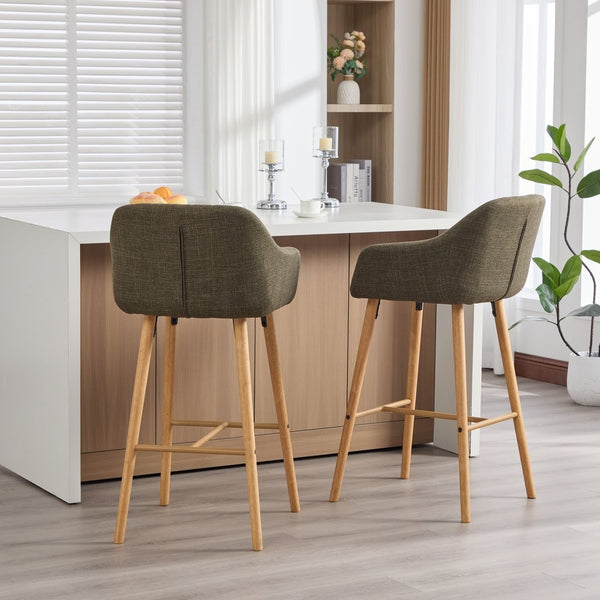 English Elm Modern Linen Upholstered Barstools with Oak Legs Armrests and Footrest for Kitchen Islands Green W395P396315