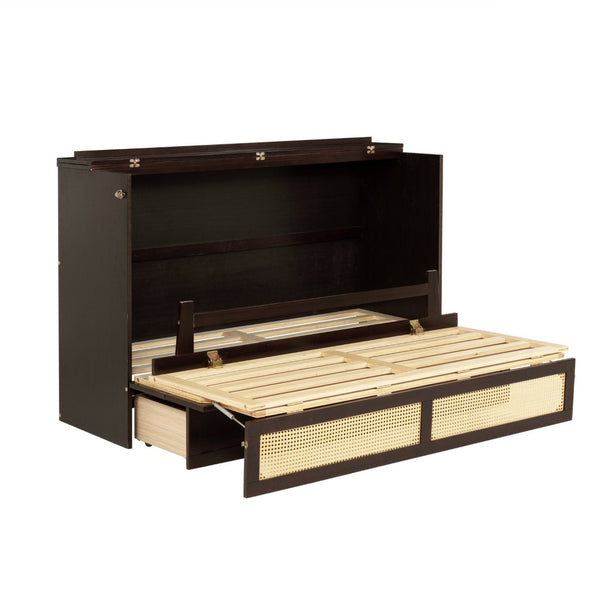 English Elm Queen Size Murphy Bed - Elegant Pine Cabinet With Rattan Accents, Espresso Finish & Storage Drawer W504S00230-GIGA