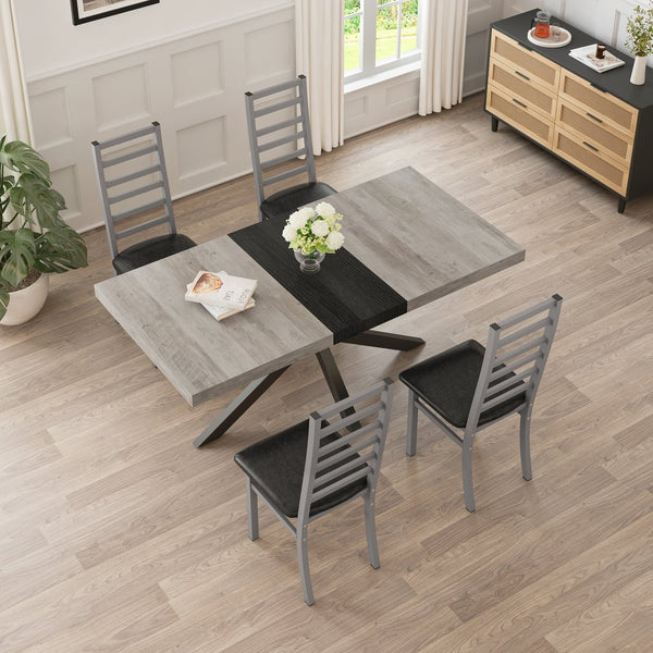 English Elm Retro Extendable Dining Set with Metal Frame and 4 Steel Chairs, Space-Saving Modern Farmhouse Elegance Grey W757S00035