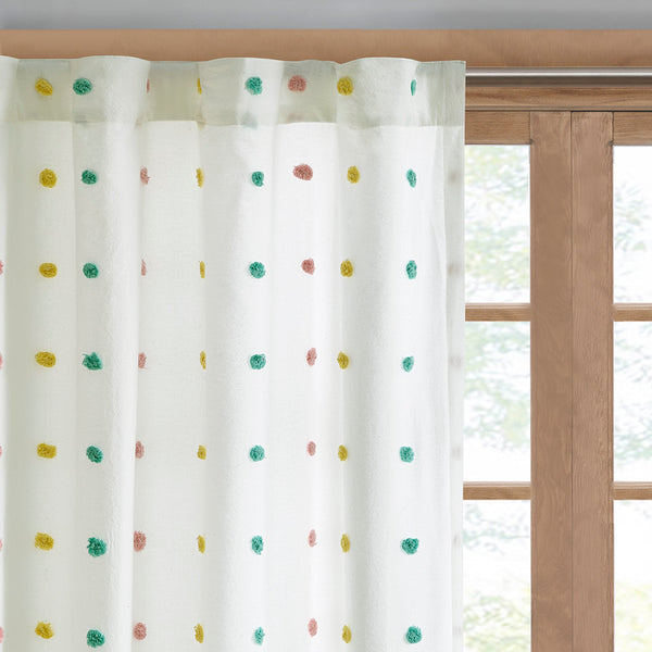 JLA Home Intelligent Design - Cotton Jacquard Pom-Pom Curtain Panel — OEKO-TEX 100% Cotton, Colorful Pom Accents, Machine Washable ID40-1772