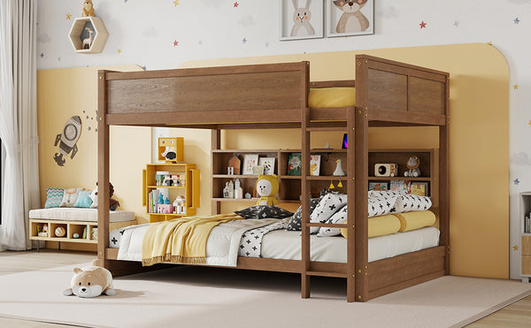 English Elm Queen Over Queen Floor Bunk Bed with Built-In Storage Shelves, USB Charging Station, Solid Pine Frame, Safety Rails and LadderDesigned for Space Saving and Modern Bedrooms Wheat W504S00259