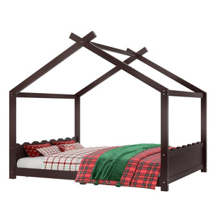 English Elm Queen House Frame Floor Bed Solid Pine Montessori Low Profile Kids Bedroom Espresso W1580P387850